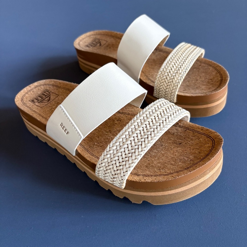 New Reef Vista Hi Platform Sandals | Women's 8 | White Double Woven Strap Cork